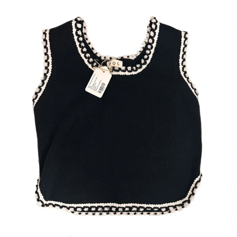 POL Bella Ribbed Knit Tank Vest Crochet Trim Black/White Size Medium Women’s Top